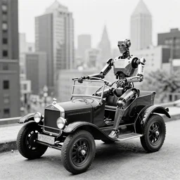 cyberpunk 1 9 0 8 model ford t by paul lehr, metropolis, parked by view over city, vintage film photo, robotic, black and white photo