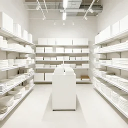 an empty nordic store with a stand in the middle, all in white, natural light, aesthetic nordic mood