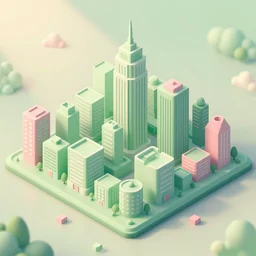 isometric illustration of an urban city, game assets, light green and light pink colors, fun, soft, detailed, 3d rendered, playful