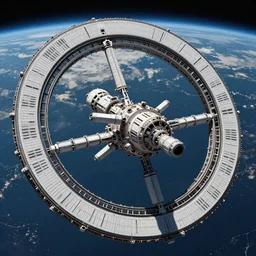 highly detailed concept art of a space station in the shape of a ring, with earth in the background