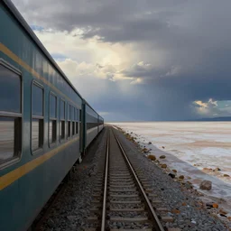 a train on tracks going into the distance, salar de uyuni, single point perspective, painting