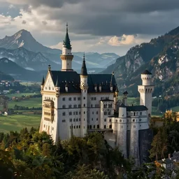an epic legendary castle stronghold isolated in the center of the frame, beautiful mountains and forest in the background