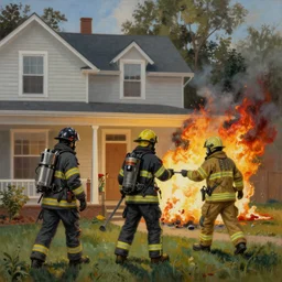 Firefighters responding to a house fire, painted by Thomas Kinkade, 4k, hyper detailed, trending on artstation.