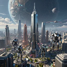 “Cyberpunk city with robots in a futuristic planet, hypermaximalistic, high details, cinematic, 8k resolution, beautiful detailed, insanely intricate details, artstation trending, octane render, unreal engine”
