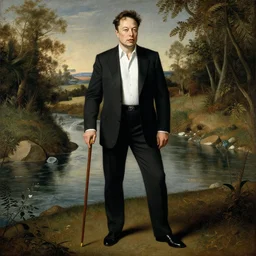renaissance painting of Elon Musk wearing a suit and holding a cane, near a river stream,