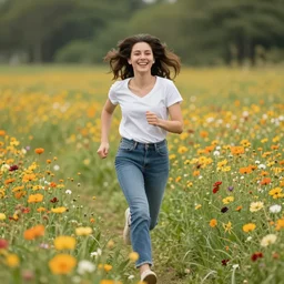 an ecstatic woman running through a field of flowers