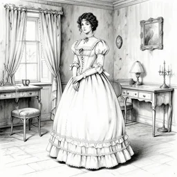 beautiful white victorian dress in decaying guest room ultra detailed black ink drawing by james jean odilon redon