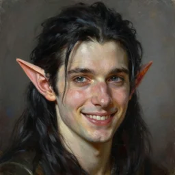 portrait of a smiling elf thief with long elven ears and black hair, detailed realism face in painting, detailed beautiful portrait, oil painting masterpiece, fantasy artwork, 8 k resolution, smooth, sharp focus, trending on artstation, by rembrandt, by greg rutkowski