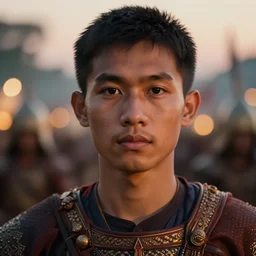 close - up portrait photo of a beautiful khmer warrior prince in a battle scene, detailed eyes, shallow depth of field, photorealistic, cinematic lighting, lovely bokeh, warm colours, dusk