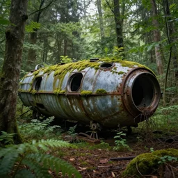 derelict spaceship in a Forrest, hyper detailed, overgrown with moss, rusty metal, wildlife, daytime