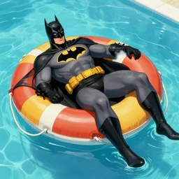 realistic comic of batman, he is lying over a colorful life preserver and relaxing on a giant pool, by neal adams and jim lee, aerial view, graphic studio design, high detail, unreal engine 5, trending on artstation