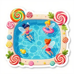 photo of swimming pool : 2 whimsical fairy wonderland vibrant colors candyland wonderland : 4 gouache swirls detailed art by butcher billy, sticker, colorful, illustration, highly detailed, simple, smooth and clean vector curves, no jagged lines, vector art, smooth andy warhol style