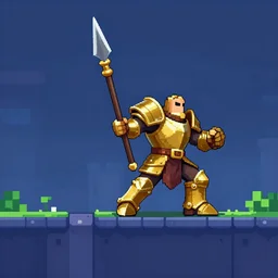 spritesheet for the main character of a 2d jump and run, Man with a spear, brass armor