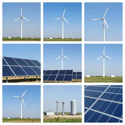 photo collage, photovoltaic, wind turbines, hydrogen production