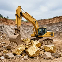 Bagger 288 in a huge pit, excavating large boulders made of gold