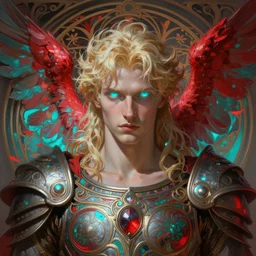 the pale blond male angel of battle lucius seducing the viewer, sci fi, glowing eyes, volumetric lights, red and cyan theme, art nouveau botanicals, intricate, highly detailed, digital painting, artstation, concept art, smooth, sharp focus, cinematic, illustration, beautiful face, art by artgerm and greg rutkowski and alphonse mucha