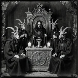 35mm old black and white daguerreotype photogram of scary cult members, wearing robes, goat heads, around an altar, macabre, intricate, ornate, detailed, golden ratio, epic lighting
