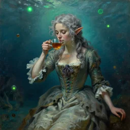 a 1 8 th century, messy, silver haired, ( ( ( mad ) ) ) elf princess ( look like ( ( young kate winslet ) ) ), dressed in a frilly ( ( ragged ) ), beautiful dress, is ( ( drinking a cup of tea ) ). everything is underwater! and floating. greenish blue, theatrical, ( ( green lights ) ) fantasy oil canvas by jakub rozalski, jan matejko
