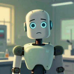 robot, tin head, staring at the camera, in a laboratory, confused, medium shot, green and grey colours, short light, digital illustration, golden hour, art by aaron siskind,