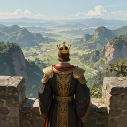 back of a powerful king, from the top of the stone walls, looking to the very distant horizon full of montains and valleys. intricate, elegant, highly detailed, digital painting, artstation, concept art, sharp focus, illustration, by justin gerard and artgerm, 8 k