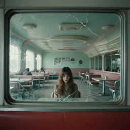 vertical movie frame portrait of girl in abandoned retro diner, backrooms seen through the shattered window, giger interior design, architectural design, vintage, liminal aesthetic, dreamcore, weirdcore, postapocalyptic, clean lines, 4 k, octane, ominous haunting backrooms at distance, big broken windows, octane, wide angle, by wayne barlowe, tsutomu nihei, zdzislaw beksinski,