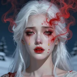 crying face of gorgeous woman with white hair made of red smoke and ash with golden tears, art by beksinski, deep eyes, dark blue atmosphere, snow landscape background, concept art, artstation, art by anato finnstark