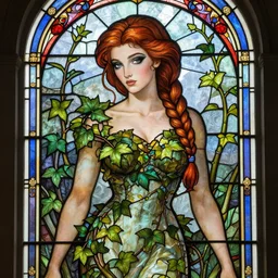 a stunning stained glass window of ariel dressed as a beautiful poison ivy with hair tied in a braid, dark eyeliner, intricate, elegant, highly detailed, digital painting, artstation, concept art, sharp focus, illustration, art by greg rutkowski and alphonse mucha