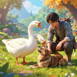 a white goose crushed the dog by wenjun lin, irakli nadar, bright colors, octopath traveler, wenjun lin, unreal engine 5 highly rendered, global illumination, radiant light, detailed and intricate environment