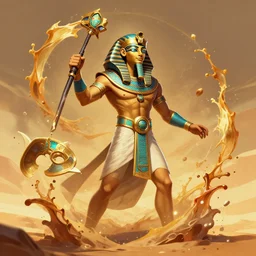 splash art for a league of legends character from shurima the desert region inspired by ancient egypt, who is a god of chaos that makes enemies hallucinate by chengwei pan