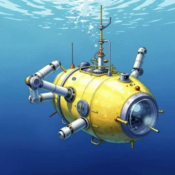 under water ocean exploration station and a pod submarine with robot arms in deep ocean, yoshitaka amano, moebius, mike mignola, bright pastel color