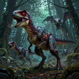 nightmare of mutated raptors, red glowing eyes, hunting in the forest. in style of greg rutkowski and hyung - tae kim, trending on artstation, dark fantasy, great composition, concept art, highly detailed, dynamic pose, vibrant colors, epic, 8 k