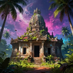 an abandoned temple on an alien planet, tropical environment, vibrant lighting, cinematic, art by jack kirby