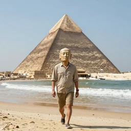 pyramid head walking on the beach, realistic