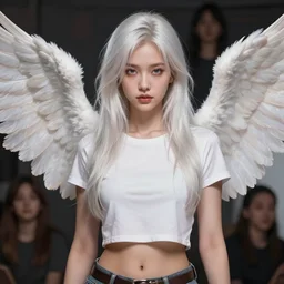 beautiful angel girl portrait, casual crop top, platinum wings, highly detailed, d & d, fantasy, highly detailed, digital painting, trending on artstation, concept art, sharp focus, illustration, art by artgerm and greg rutkowski and fuji choko and viktoria gavrilenko and hoang lap