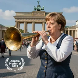 “Angela Merkel blowing Alphorn in a traditional outfit on a street in Berlin, digital art”