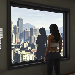 View from window on megapolis, silhouette of women who watches to the window, style of GTA 5