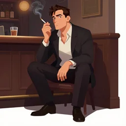 matte painting character illustration of john constantine sitting down in a shadowed corner of the room at a bar in london smoking a cigarette, digital painting, illustration, john singer sargent, gothic, amazing values, 8 k, symmetrical face details, realistic face details, realistic eyes, moody lighting, blonde man, graphic style, octane render