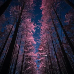 inside forest looking up at trees, pink leaves, birds, jakub rozalski, high detail, dramatic lighting, nightsky, stars