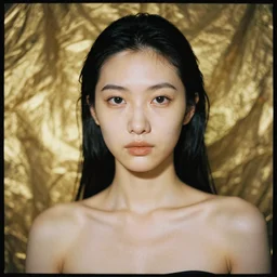 Hyper realistic portrait of a single goddess, (gold fluid simulation in the background), Hyper realistic film photography by Yohji Yamamoto, Zeiss 50mm f1.8, Hasselblad, insanely detailed, sharp focus