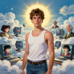 masterpiece portrait of a ( ( ( computers ) ) ), ( ( guapo joven spanish prince camisa tanktop ) ), nubes y magia, el sol, concept character, by greg rutowski and tezuka and oi and mucha and bierstadt and remington, trending on artstation