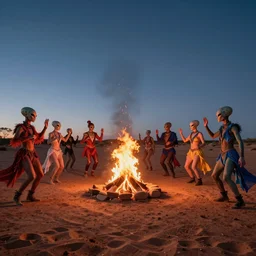 portrait of ravers in alien costumes with detailed faces, dancing around a fire, photorealistic, octane render, dancefloor kismet, diverse costumes, clean composition, desert transition area, bonfire, night, australian desert, zaha hadid, xf iq 4, symmetry, sony a 7 r, 1 5 0 mp, 5 0 mm