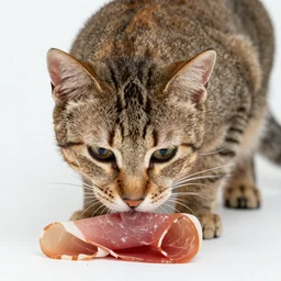 Cat eating ham