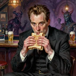 matte painting character illustration of john constantine sitting down on a barstool at a dive bar in london eating a sandwich, digital painting, illustration, constantine, john singer sargent, amazing values, 8 k, magical creatures in the background, watercolor texture, gothic, octane render, realistic face details, symmetrical face details, realistically rendered face, photorealistic eyes