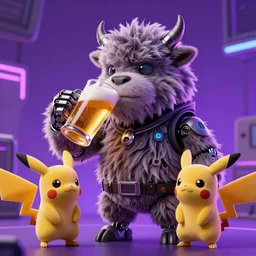 high quality 3 d render cyberpunk very cute cyborg cow shaggy! hybrid! drinking beer, highly detailed, unreal engine cinematic smooth, in the style of blade runner & detective pikachu, hannah yata charlie immer, purple neon light, low angle, uhd 8 k, sharp focus