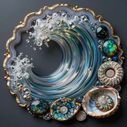 art nouveau cresting oil slick waves, druzy geode, bubbles in a shiny iridescent oil slick wave, ammolite, black opals, rococo, organic rippling spirals, realistic hyperdetailed ultrasharp octane render, abalone, ammonite, paua shell