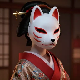 geisha wearing a kitsune mask by Hiroaki Samura, red highlights,epic illumination, unreal engine, detailed
