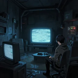 a hd technical concept art of a ( ( ( ( ( ( ( ( ( ( cyberpunk ) ) ) ) ) ) ) ) ) ) studio apartment!!!!!! by senior concept artist, a screenshot from the beautiful tech noir moody cyberpunk science fiction anime about the lonely detective, the tv set to static, from the anime film ergo proxy, trending on artstation