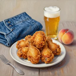 fried chicken, cold beer, pair of jeans, georgia pine and peach, oil on canvas