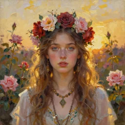 young hippie queen in flower and thorn crown in the rose garden portrait painting study, golden sunset, oil on canvas, loose brushwork, extremely detailed, featured trending on artstation