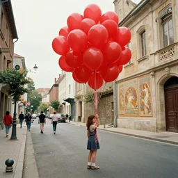 wide angle street scene shot todd solondz a young girl holds a large bunch of red balloons by their settings, impressionistic, todd solondz, alphonse mucha, rhads, rebecca guay, artstation, artgerm, octane render,